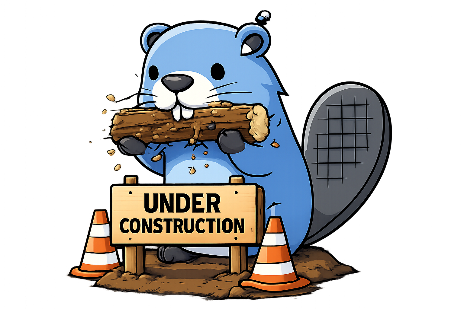 Cartoon beaver munching wood — under construction
